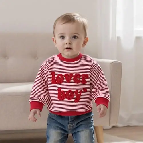 KtwHarnu Toddler Baby Boy Valentines Day Outfit Lover Boy Embroidery Crewneck Sweatshirt Long Sleeve Pullovers Shirts Top - KTWHARNU (1)