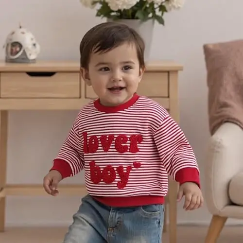 KtwHarnu Toddler Baby Boy Valentines Day Outfit Lover Boy Embroidery Crewneck Sweatshirt Long Sleeve Pullovers Shirts Top - 3