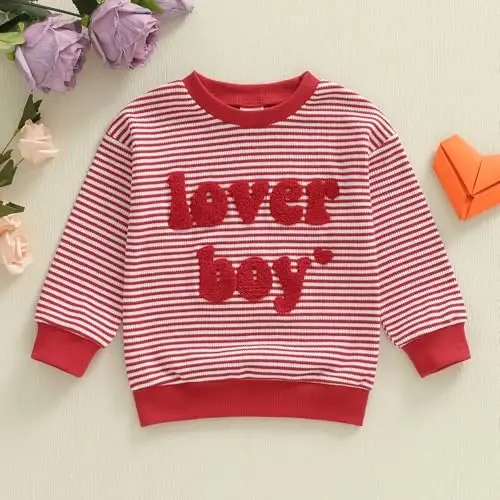KtwHarnu Toddler Baby Boy Valentines Day Outfit Lover Boy Embroidery Crewneck Sweatshirt Long Sleeve Pullovers Shirts Top - 5