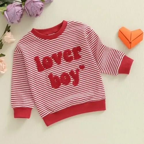 KtwHarnu Toddler Baby Boy Valentines Day Outfit Lover Boy Embroidery Crewneck Sweatshirt Long Sleeve Pullovers Shirts Top - 6