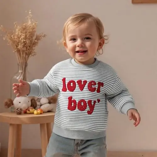 KtwHarnu Toddler Baby Boy Valentines Day Outfit Lover Boy Embroidery Crewneck Sweatshirt Long Sleeve Pullovers Shirts Top - 2