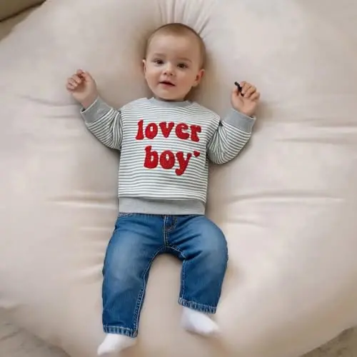KtwHarnu Toddler Baby Boy Valentines Day Outfit Lover Boy Embroidery Crewneck Sweatshirt Long Sleeve Pullovers Shirts Top - 4
