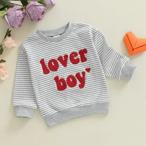 KtwHarnu Toddler Baby Boy Valentines Day Outfit Lover Boy Embroidery Crewneck Sweatshirt Long Sleeve Pullovers Shirts Top - 6