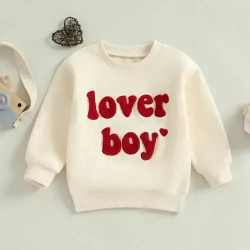 KtwHarnu Toddler Baby Boy Valentines Day Outfit Lover Boy Embroidery Crewneck Sweatshirt Long Sleeve Pullovers Shirts Top - 2