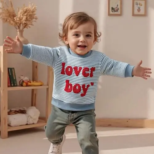 KtwHarnu Go'dak va Chaqaloq O'g'il Bolalar uchun Sevishganlar kuni kiyimi Lover Boy Naqshli ekipaj bo'yinbog'li svitshot uzun yengli sviterlar ko'ylagi Top - KTWHARNU (1)