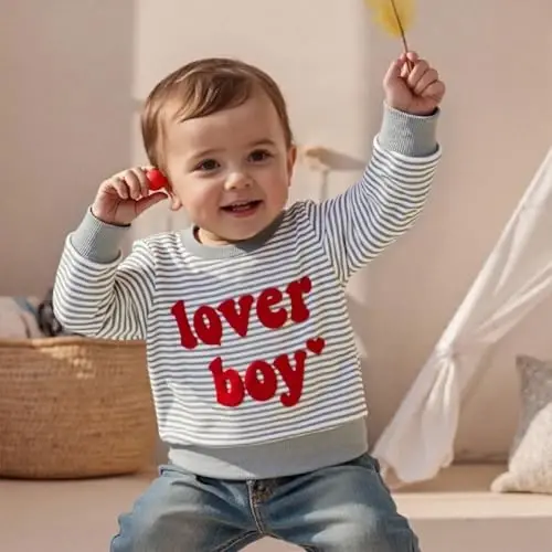 KtwHarnu Toddler Baby Boy Valentines Day Outfit Lover Boy Embroidery Crewneck Sweatshirt Long Sleeve Pullovers Shirts Top - 3
