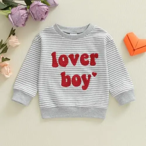 KtwHarnu Toddler Baby Boy Valentines Day Outfit Lover Boy Embroidery Crewneck Sweatshirt Long Sleeve Pullovers Shirts Top - 5