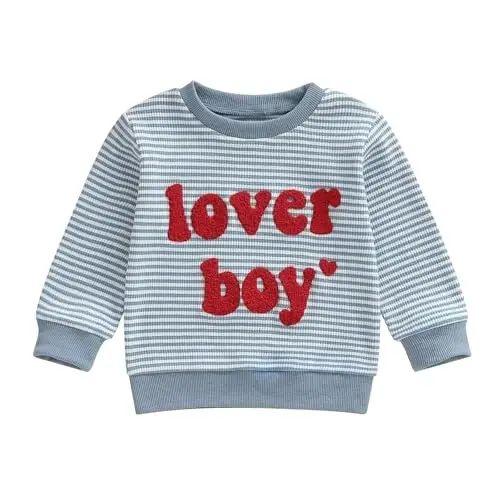 KtwHarnu Toddler Baby Boy Valentines Day Outfit Lover Boy Embroidery Crewneck Sweatshirt Long Sleeve Pullovers Shirts Top - 1