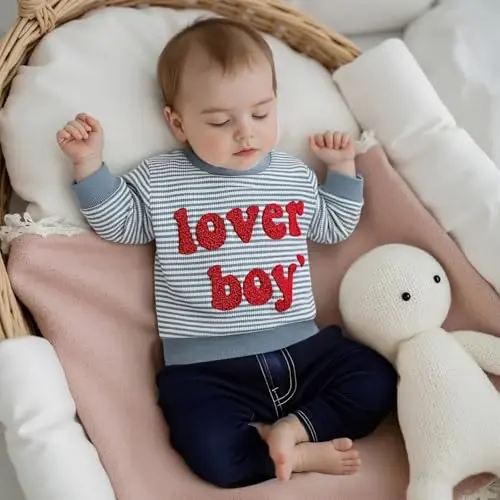 KtwHarnu Toddler Baby Boy Valentines Day Outfit Lover Boy Embroidery Crewneck Sweatshirt Long Sleeve Pullovers Shirts Top - 4