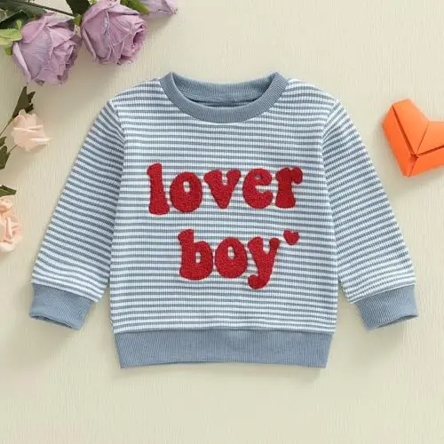 KtwHarnu Toddler Baby Boy Valentines Day Outfit Lover Boy Embroidery Crewneck Sweatshirt Long Sleeve Pullovers Shirts Top - 5