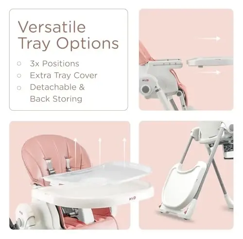 KÜB 3-in-1 Foldable Baby High Chair | 7 Height & 4 Recline Adjustable | Removable Seat & Tray for Easy Clean | 2 Locking Wheels | Multifunctional Infant High chairs for Babies and Toddlers Girl (Pink) - 4