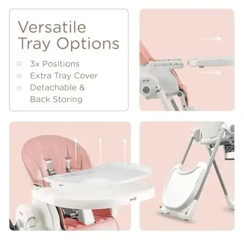 KÜB 3-in-1 Foldable Baby High Chair | 7 Height & 4 Recline Adjustable | Removable Seat & Tray for Easy Clean | 2 Locking Wheels | Multifunctional Infant High chairs for Babies and Toddlers Girl (Pink) - 4