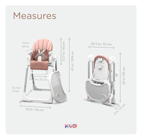 KÜB 3-in-1 Foldable Baby High Chair | 7 Height & 4 Recline Adjustable | Removable Seat & Tray for Easy Clean | 2 Locking Wheels | Multifunctional Infant Highchair for Babies Toddlers Girl (Pink) - 36