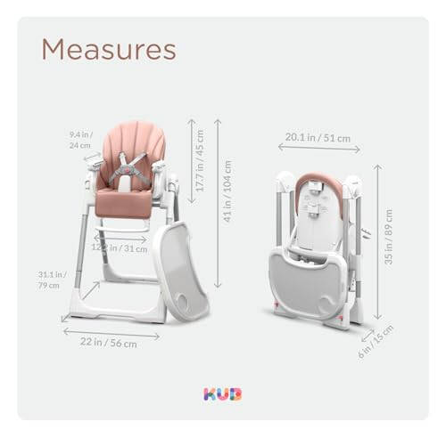 KÜB 3-in-1 Foldable Baby High Chair | 7 Height & 4 Recline Adjustable | Removable Seat & Tray for Easy Clean | 2 Locking Wheels | Multifunctional Infant Highchair for Babies Toddlers Girl (Pink) - 36