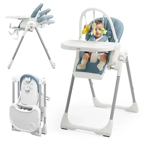 KÜB 3-in-1 Foldable Baby High Chair, 7 Height & 4 Recline Adjustable Seat & Tray for Easy Clean, 2 Locking Wheels, Multifunctional Infant High Chairs for Babies and Toddlers (Blue, with Toys) - 1