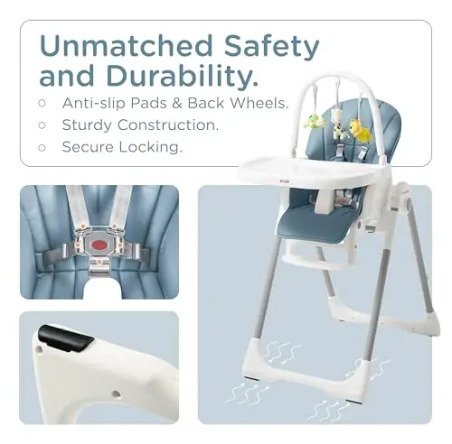 KÜB 3-in-1 Foldable Baby High Chair, 7 Height & 4 Recline Adjustable Seat & Tray for Easy Clean, 2 Locking Wheels, Multifunctional Infant High Chairs for Babies and Toddlers (Blue, with Toys) - 4