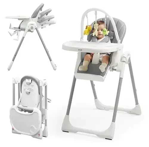 KÜB 3-in-1 Foldable Baby High Chair, 7 Height & 4 Recline Adjustable Seat & Tray for Easy Clean, 2 Locking Wheels, Multifunctional Infant High Chairs for Babies and Toddlers (Grey, with Toys) 