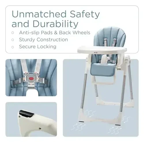 KÜB 3-in-1 Foldable Baby High Chair (Blue) | Multifunctional Infant High Chairs for Babies and Toddlers | Removable Seat & Tray for Easy Clean | 7 Height & 4 Recline Adjustable | 2 Locking Wheels - 4