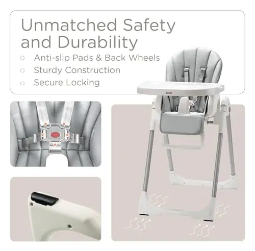 KÜB 3-in-1 Foldable Baby High Chair | Multifunctional Infant High Chairs for Babies and Toddlers | Removable Seat & Tray Easy Clean | 7 Height & 4 Recline Adjustable | 2 Locking Wheels (Grey) - 4