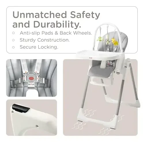 KÜB 3-in-1 katlanadigan chaqaloq uchun baland stul, 7 balandlik va 4 egilish burchagi sozlanishi o'rindiq va tovoq oson tozalash uchun, 2 qulflanadigan g'ildirak, chaqaloqlar va yosh bolalar uchun ko'p funktsiyali chaqaloq stullari (kulrang, o'yinchoqlar bilan) - 4