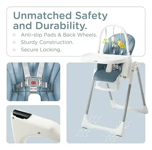 KÜB 3-in-1 Foldable Baby High Chair, 7 Height & 4 Recline Adjustable Seat & Tray for Easy Clean, 2 Locking Wheels, Multifunctional Infant High Chairs for Babies and Toddlers (Blue, with Toys) - 4