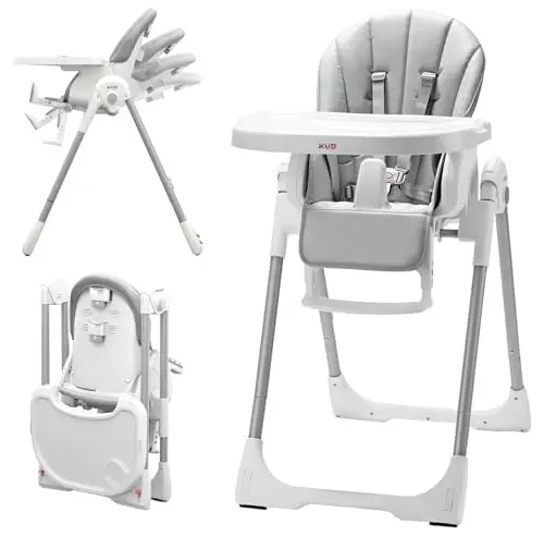 KÜB 3-in-1 Foldable Baby High Chair | Multifunctional Infant High Chairs for Babies and Toddlers | Removable Seat & Tray Easy Clean | 7 Height & 4 Recline Adjustable | 2 Locking Wheels (Grey) - 1