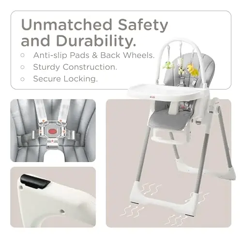 KÜB 3-in-1 Foldable Baby High Chair, 7 Height & 4 Recline Adjustable Seat & Tray for Easy Clean, 2 Locking Wheels, Multifunctional Infant High Chairs for Babies and Toddlers (Grey, with Toys) - 4