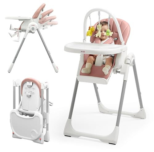 KÜB 3-in-1 Foldable Baby High Chair, 7 Height & 4 Recline Adjustable Seat & Tray for Easy Clean, 2 Locking Wheels, Multifunctional Infant High Chairs for Babies and Toddlers (Pink, with Toys) - 25