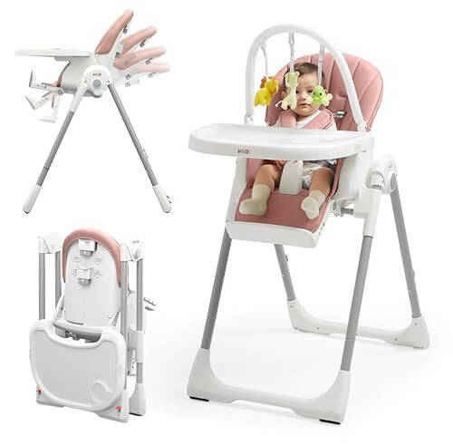 KÜB 3-in-1 Foldable Baby High Chair, 7 Height & 4 Recline Adjustable Seat & Tray for Easy Clean, 2 Locking Wheels, Multifunctional Infant High Chairs for Babies and Toddlers (Pink, with Toys) - 25