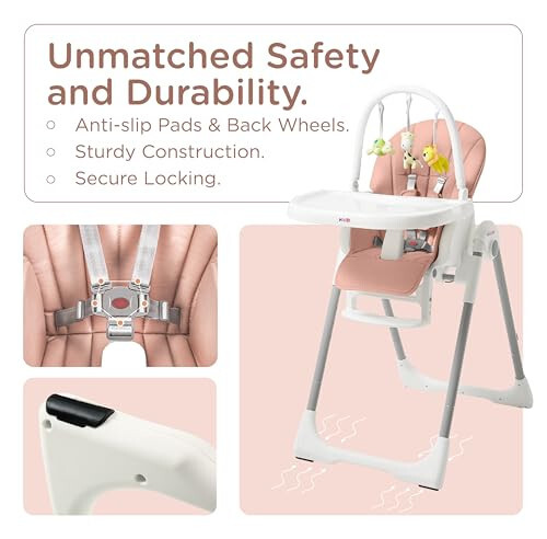 KÜB 3-in-1 Foldable Baby High Chair, 7 Height & 4 Recline Adjustable Seat & Tray for Easy Clean, 2 Locking Wheels, Multifunctional Infant High Chairs for Babies and Toddlers (Pink, with Toys) - 28