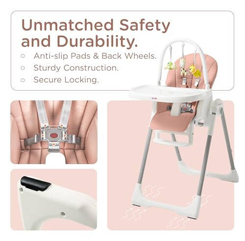 KÜB 3-in-1 Foldable Baby High Chair, 7 Height & 4 Recline Adjustable Seat & Tray for Easy Clean, 2 Locking Wheels, Multifunctional Infant High Chairs for Babies and Toddlers (Pink, with Toys) - 28