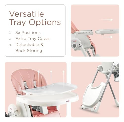 KÜB 3-in-1 Foldable Baby High Chair, 7 Height & 4 Recline Adjustable Seat & Tray for Easy Clean, 2 Locking Wheels, Multifunctional Infant High Chairs for Babies and Toddlers (Pink, with Toys) - 11