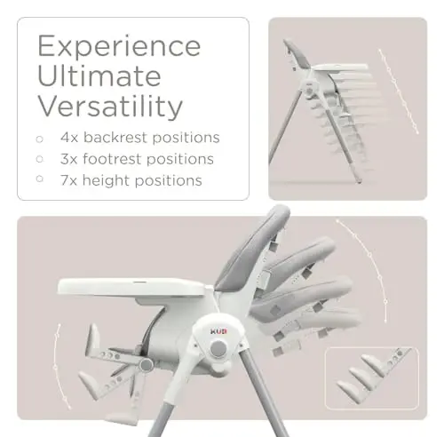 KÜB 3-in-1 Foldable Baby High Chair | Multifunctional Infant High Chairs for Babies and Toddlers | Removable Seat & Tray Easy Clean | 7 Height & 4 Recline Adjustable | 2 Locking Wheels (Grey) - 2