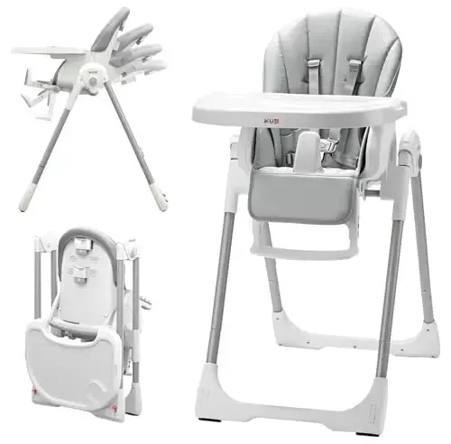 KÜB 3-in-1 Foldable Baby High Chair | Multifunctional Infant High Chairs for Babies and Toddlers | Removable Seat & Tray Easy Clean | 7 Height & 4 Recline Adjustable | 2 Locking Wheels (Grey) - 1