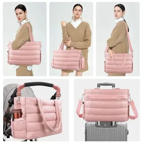 KUBYA Diaper Bag Tote, Puffer Diaper Tote Bags for Women Lightweight Travel Work Hospital Baby Bag Crossbody Mommy Bag 
