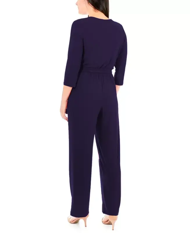 Petite 3/4 Sleeve Belted Wide Leg Jumpsuit - Navy - 2