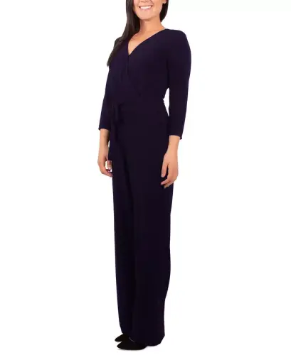 Petite 3/4 Sleeve Belted Wide Leg Jumpsuit - Navy - 3