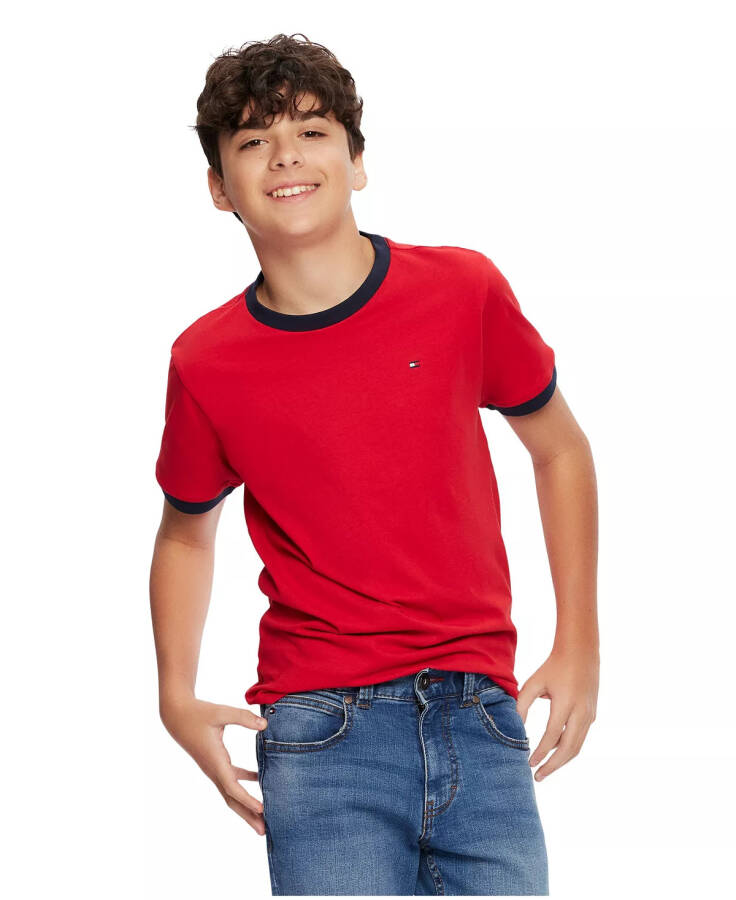 Toddler and Little Boys Contrast Trim Embroidered Logo Ken Tee-Red - 1