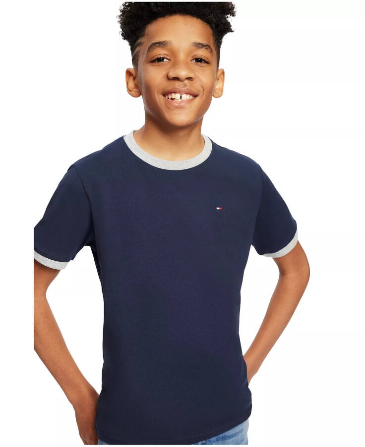 Toddler and Little Boys Contrast Trim Embroidered Logo Ken Tee-Navy - 4