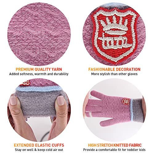 PKWEEN Winter Gloves for Toddler Kids - 3 Pairs Boys Girls Soft Warm Wool Lined Gloves Full Finger Children Knit Gloves - 3