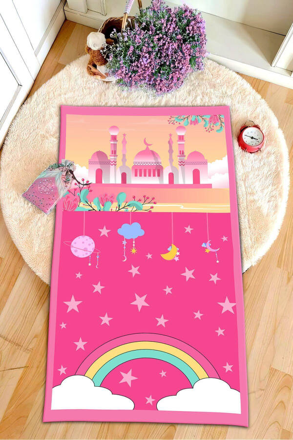 Dekoratif Dijital Baskılı Siyah Kaymaz Taban Eğitici Küçük Çocuk Seccade Namazlık 60 x 100 - Pembe - 10