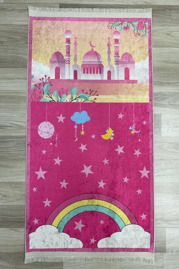 Dekoratif Dijital Baskılı Siyah Kaymaz Taban Eğitici Küçük Çocuk Seccade Namazlık 60 x 100 - Pembe - 11