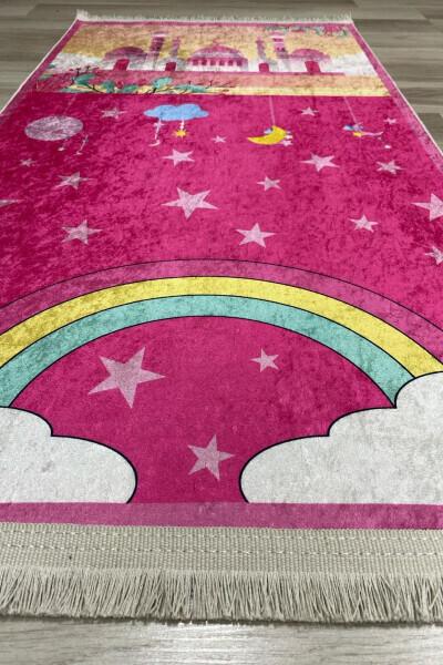 Dekoratif Dijital Baskılı Siyah Kaymaz Taban Eğitici Küçük Çocuk Seccade Namazlık 60 x 100 - Pembe - 12