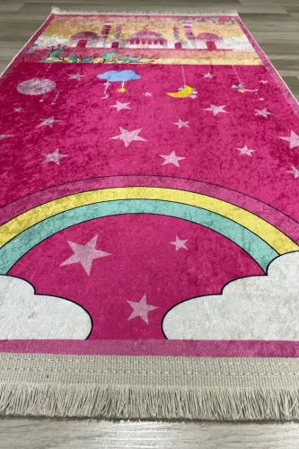 Dekoratif Dijital Baskılı Siyah Kaymaz Taban Eğitici Küçük Çocuk Seccade Namazlık 60 x 100 - Pembe - 3
