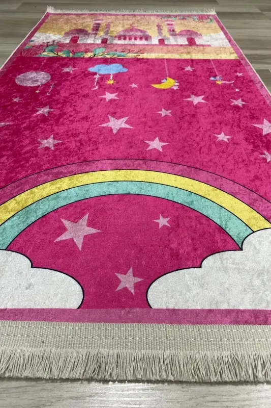 Dekoratif Dijital Baskılı Siyah Kaymaz Taban Eğitici Küçük Çocuk Seccade Namazlık 60 x 100 - Pembe - 3