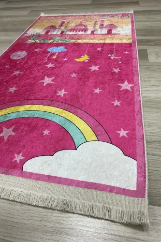 Dekoratif Dijital Baskılı Siyah Kaymaz Taban Eğitici Küçük Çocuk Seccade Namazlık 60 x 100 - Pembe - 4