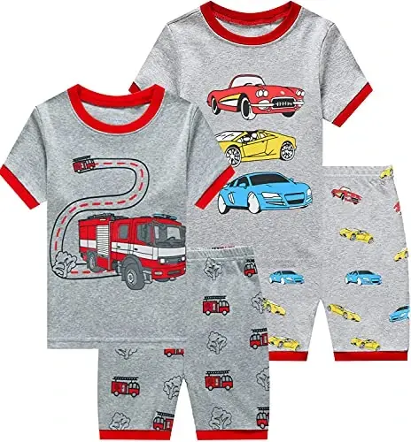 Little Boys Pajamas 100% Cotton Fire Truck Sleepwear Baby Boy 4 Pcs Summer Pjs Kids Short Sets Toddler Jammies Clothes 