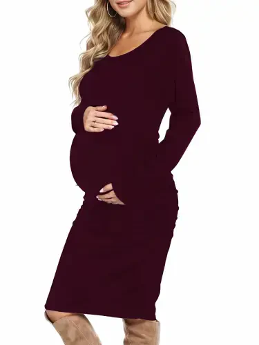 Side Ruched Pregnancy Dress Long Sleeve Maternity Clothes for Women- - UILGO (1)