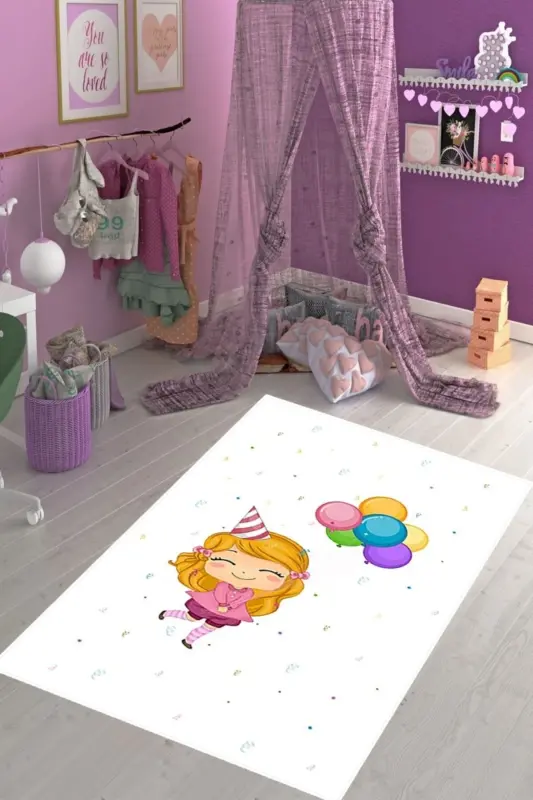 Küçük Kız Desenli Renkli Benekli Dijital Baskı Yıkanabilir Kaymaz Taban Çocuk Ve Bebek Odası Halısı-Beyaz - 3
