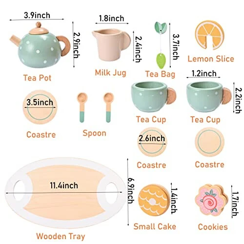 15pcs Wooden Tea Set for Little Girls, MONT PLEASANT Wooden Toys, Toddler Tea Set Play Kitchen Accessories Play Food playset for Kids Tea Party - 36